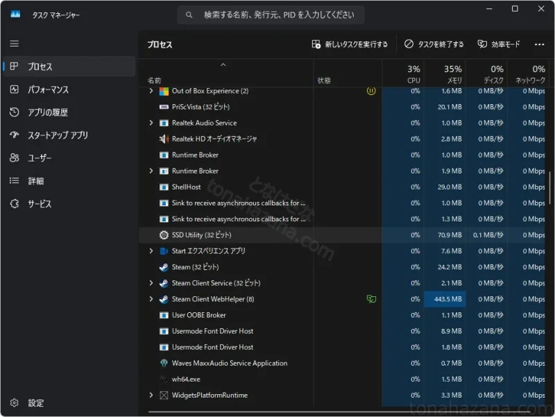タスクマネージャーでのキオクシア『SSD Utility』のメモリ使用量